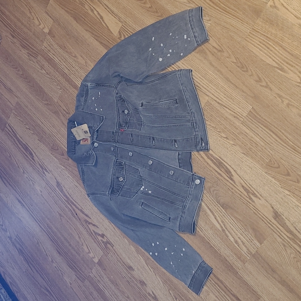 New Levi's lightly distressed paint splatter Gray denim Jean jacket size L - Picture 1 of 4